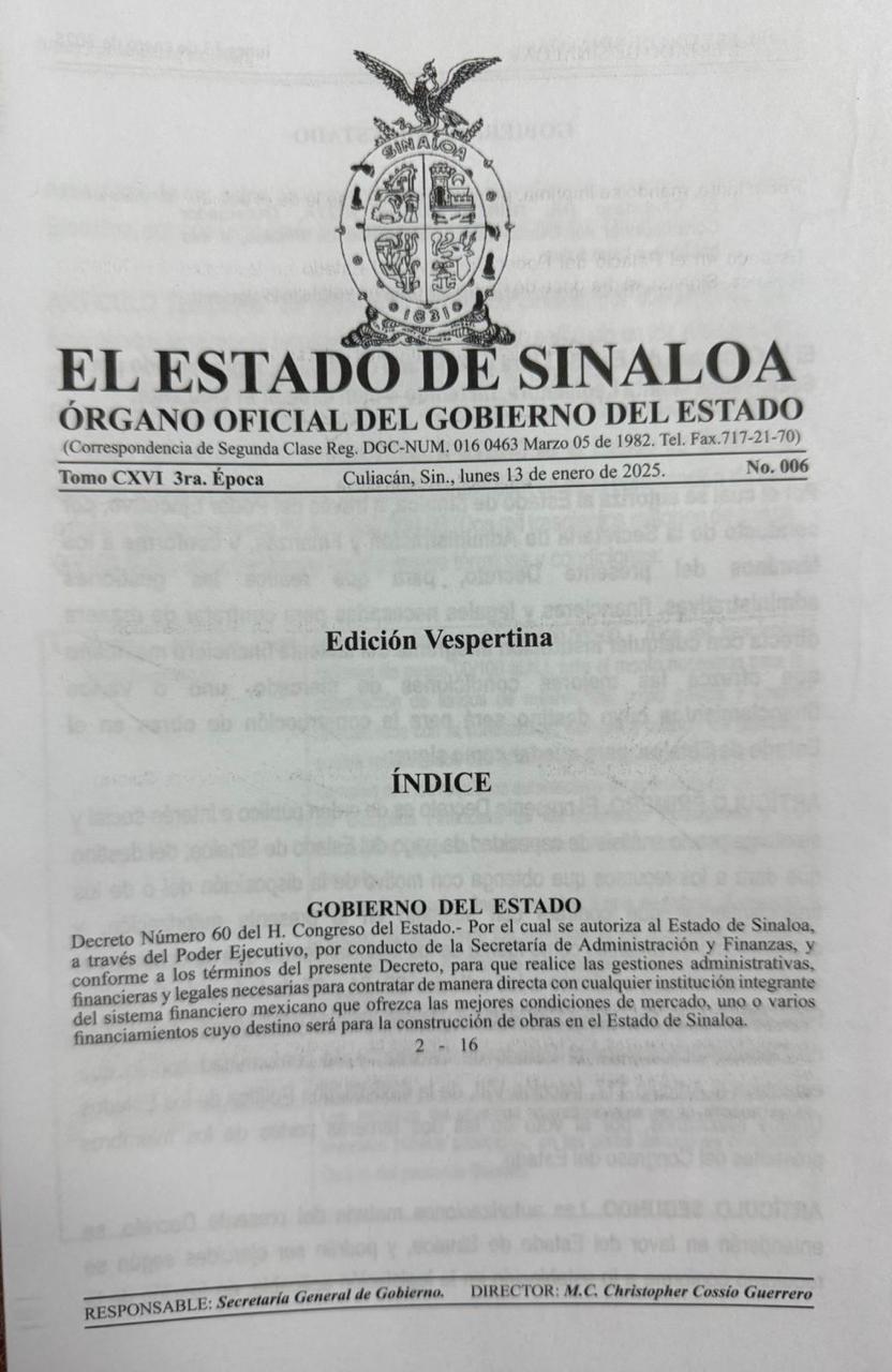 $!Publica Diario Oficial Decreto que autoriza contratación de financiamiento para obra pública en Sinaloa
