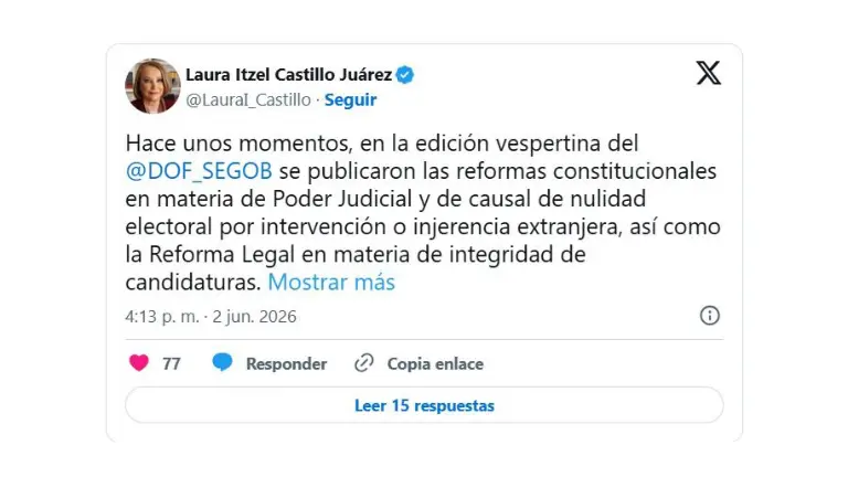 Laura Itzel Castillo Juárez informó la publicación de los decretos y señaló que entrarían en vigor al día siguiente de su publicación en el DOF.