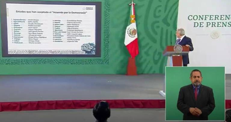 AMLO informa que 25 Gobernadores se adhieren al Acuerdo Nacional por la Democracia