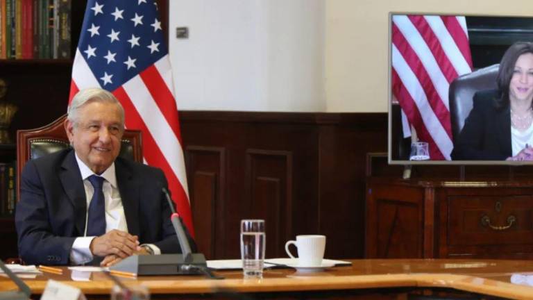 El Presidente Andrés Manuel López Obrador durante su encuentro virtual con Kamala Harris, vicepresidenta de Estados Unidos.