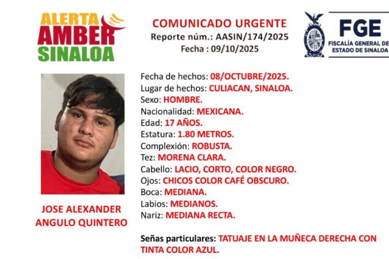 Activan Alerta Amber por desaparición de joven en Culiacán
