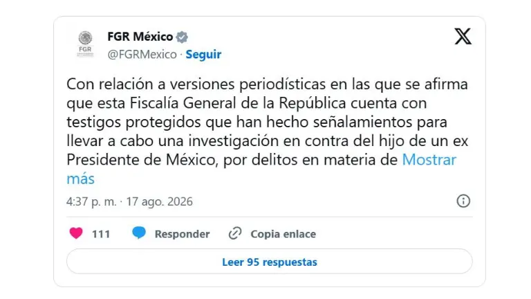 FGR niega tener testigos protegidos para investigar ‘al hijo de un ex presidente’
