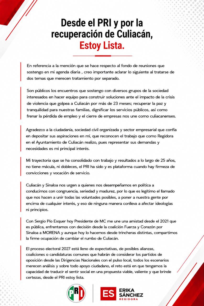 $!Erika Sánchez se declara ‘lista’ desde el PRI para ‘recuperar Culiacán’, tras versiones que la colocan como candidata de MC
