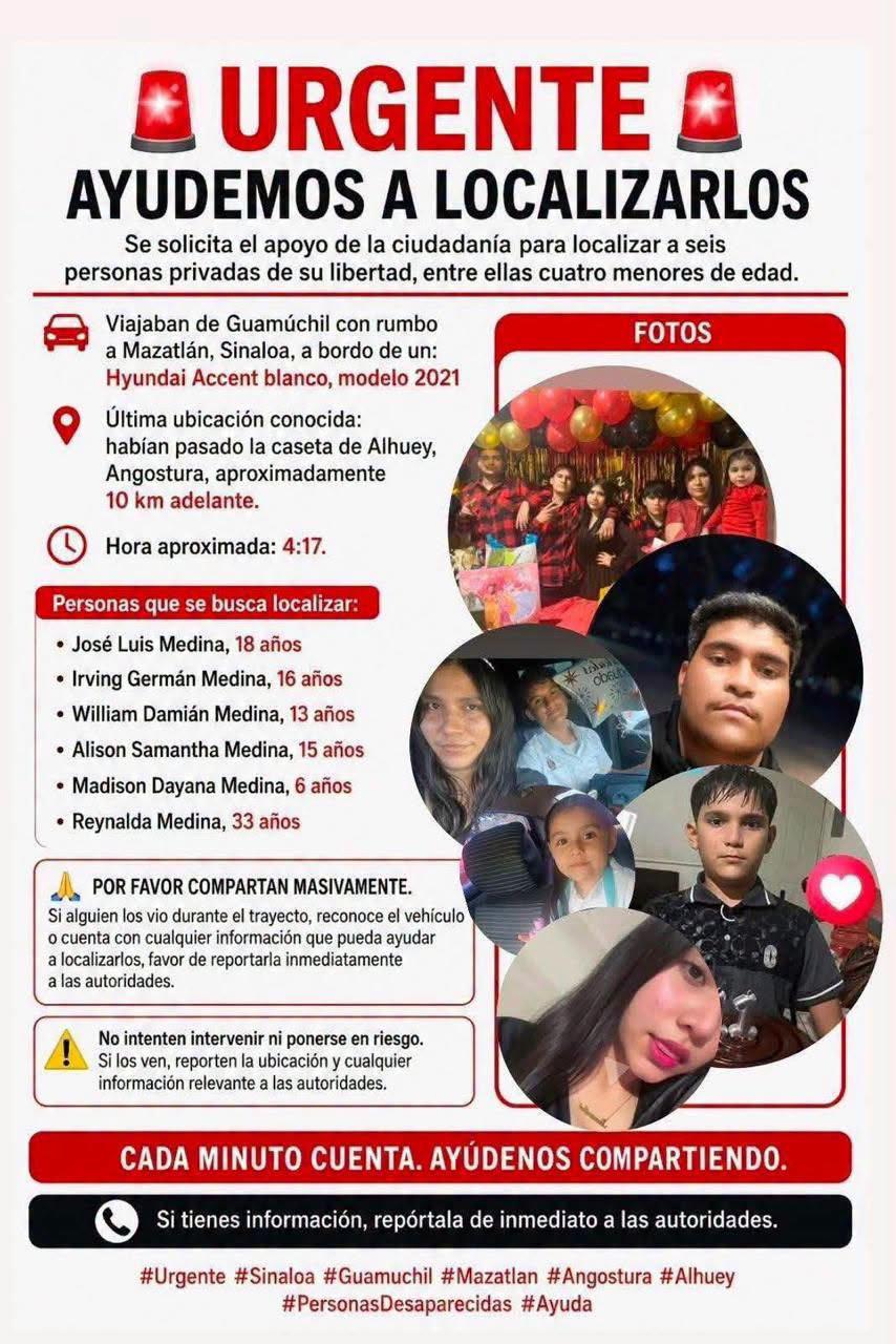 $!Reportan desaparición de seis integrantes de una familia en Sinaloa, viajaban de Guamúchil a Mazatlán