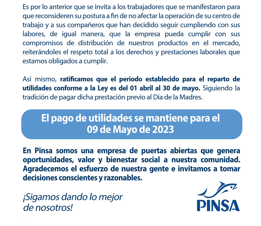 $!Pinsa reitera compromiso con sus trabajadores, dice en Comunicado Oficial