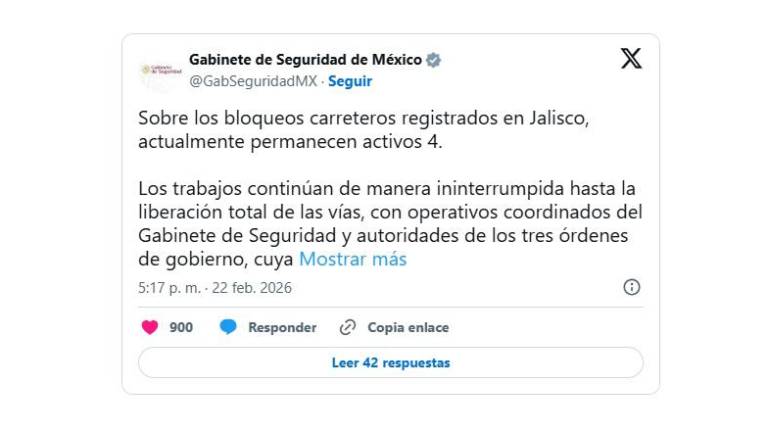 Reportan 252 bloqueos en 20 estados tras muerte de ‘El Mencho’; 90% ya fueron desactivados