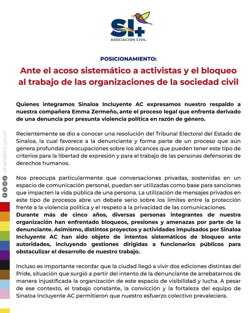 $!Sinaloa Incluyente respalda a Emma Zermeño y advierte riesgos para la libertad de expresión