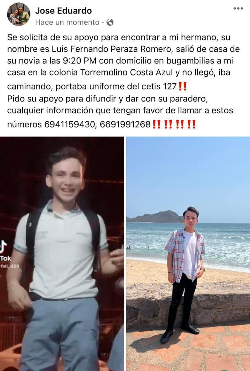 $!En Mazatlán reportan la desaparición de Luis Fernando, alumno del CETis 127