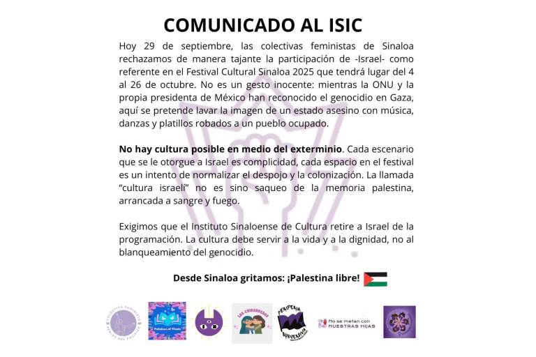 Isic retira a Israel tras rechazo de colectivas feministas en Festival Cultural Sinaloa