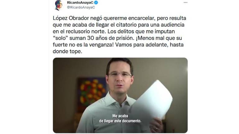 El ex candidato presidencial, Ricardo Anaya, en uno de sus mensajes en Twitter.