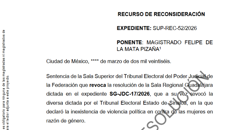 Proyecto del Magistrado Felipe de la Mata Pizaña sobre el caso de violencia política en razón de género promovido por la Diputada local con licencia Almendra Negrerte.