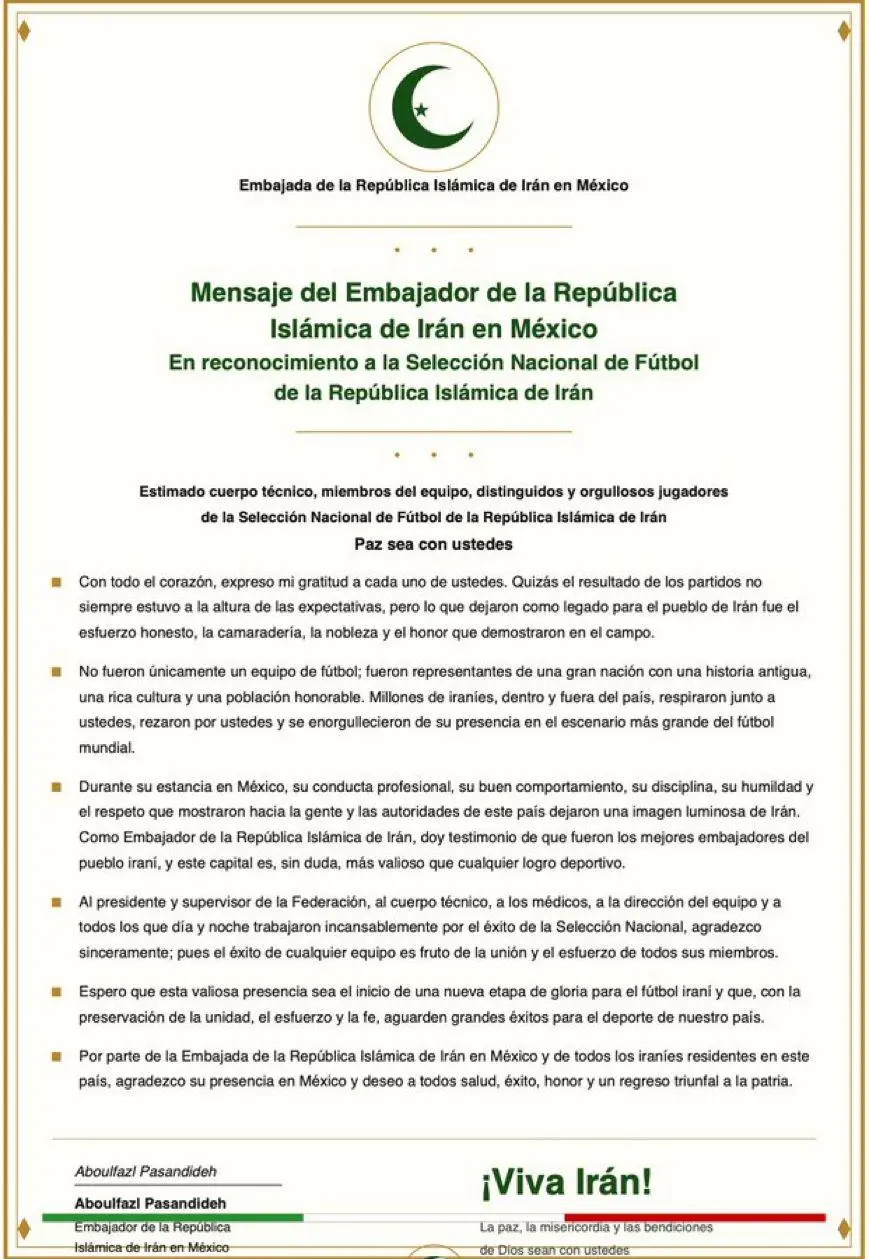 $!Embajada de Irán en México reconoce a su selección tras una participación marcada por la adversidad en el Mundial