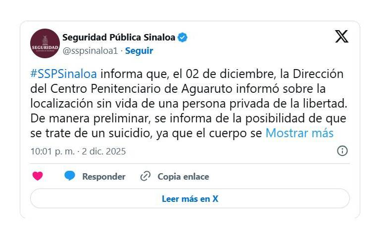 Encuentran muerto a un reo dentro del Penal de Aguaruto en Culiacán