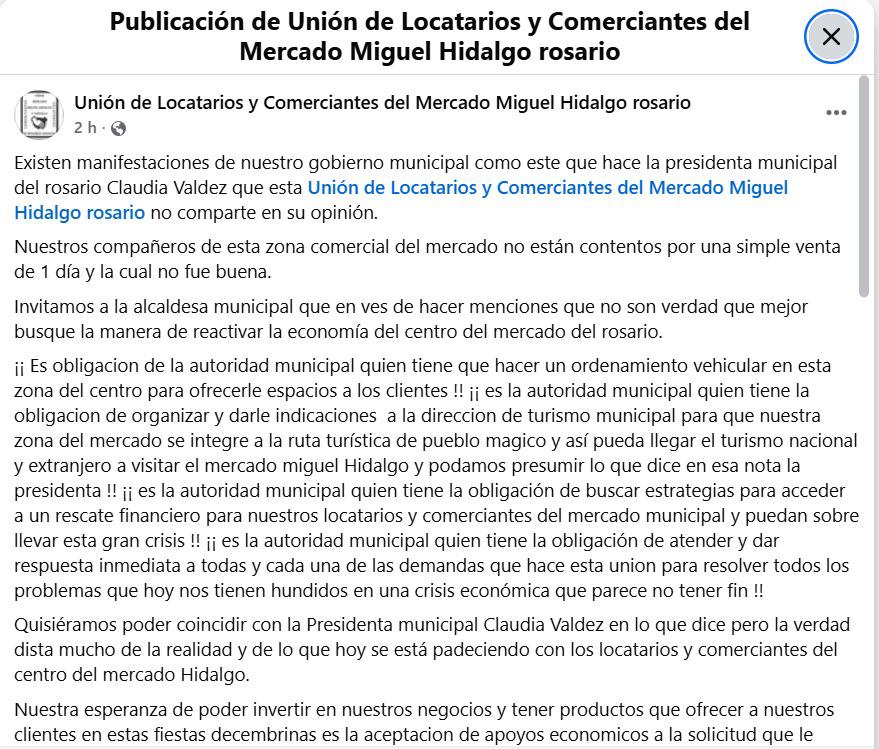 $!Rechazan comerciantes de Rosario que hayan repuntado ventas, como afirma Alcaldesa