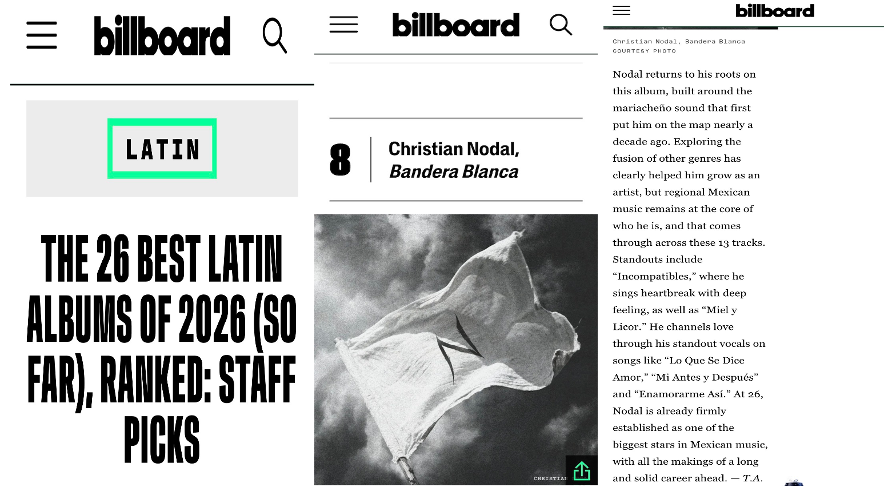 $!Bandera Blanca, el más reciente álbum de Christian Nodal, fue reconocido por Billboard como uno de los mejores discos latinos de 2026.