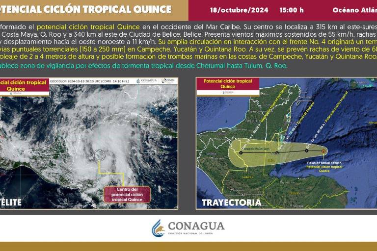 Se forma potencial ciclón tropical Quince; se prevén lluvias en Campeche, Yucatán y Quintana Roo
