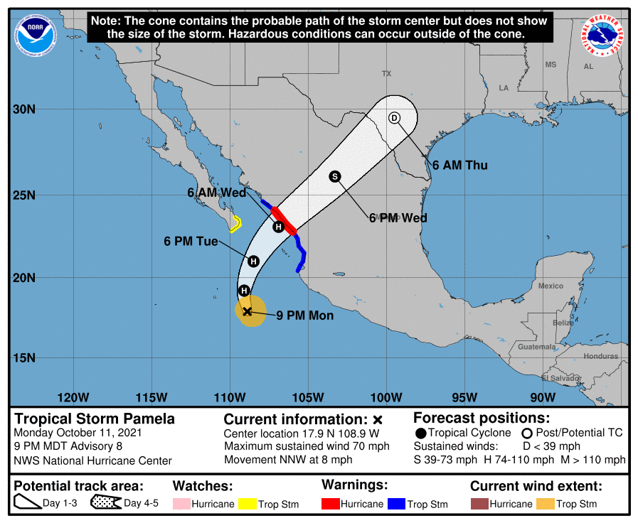 $!‘Pamela’ termina este lunes como tormenta tropical; tocaría tierra cerca de Mazatlán