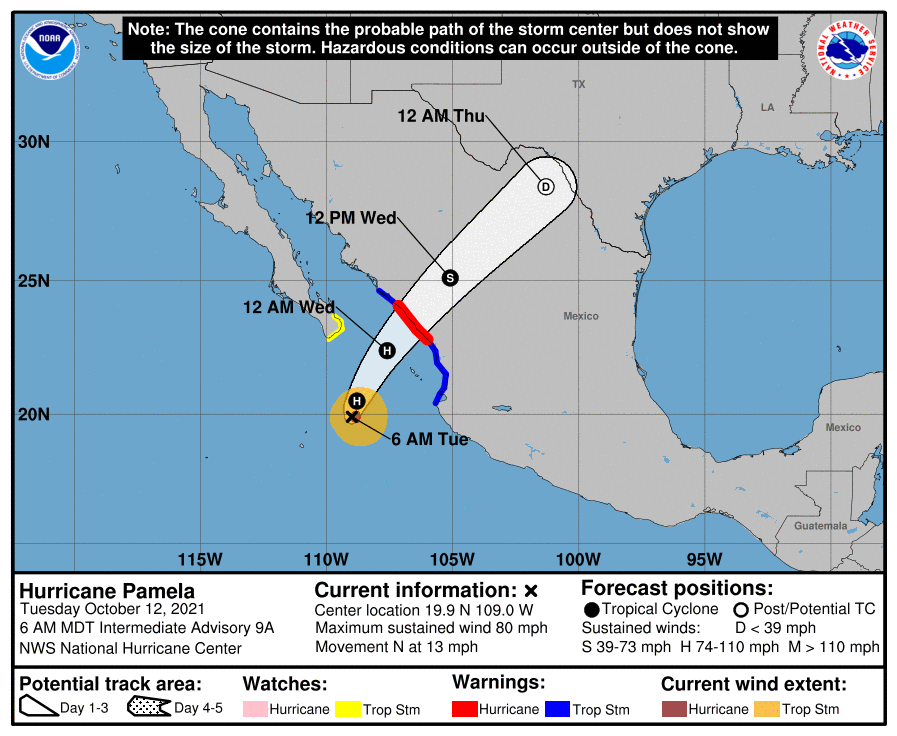 $!Pamela se intensifica a huracán categoría 1 y mantiene su ruta hacia Sinaloa