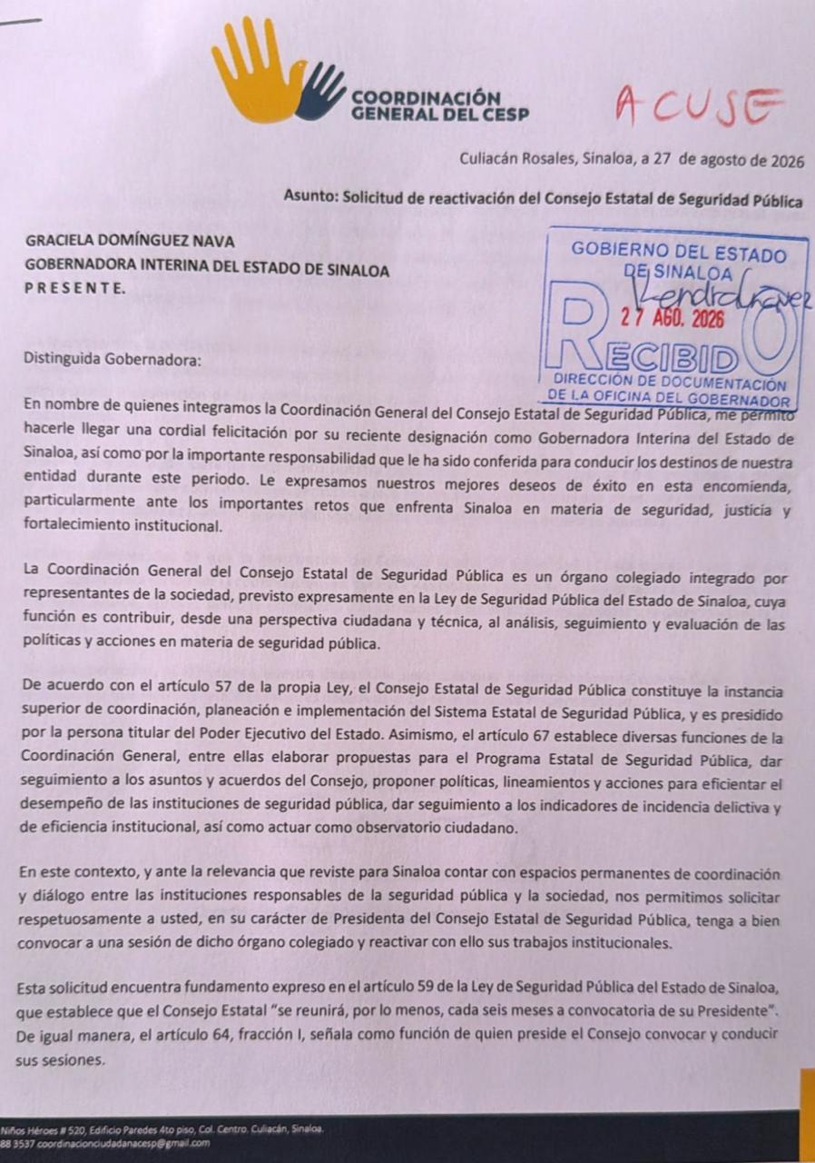 $!Piden a Gobernadora reactivar Consejo Estatal de Seguridad Pública ante crisis de violencia en Sinaloa