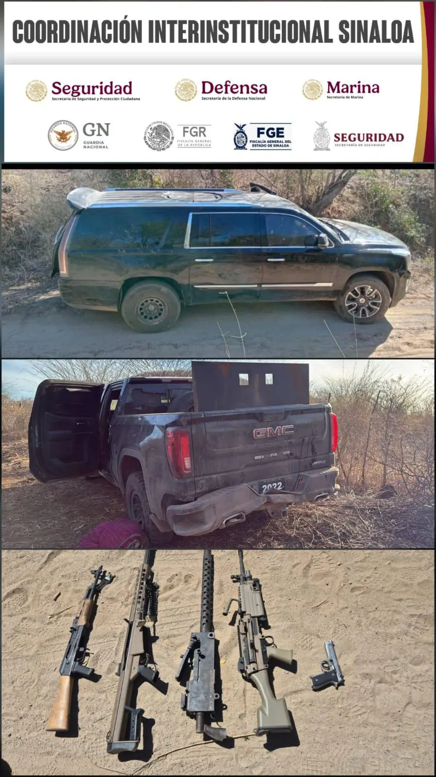 $!Repelen agresión en Mocorito y aseguran vehículos blindados y armas de alto calibre