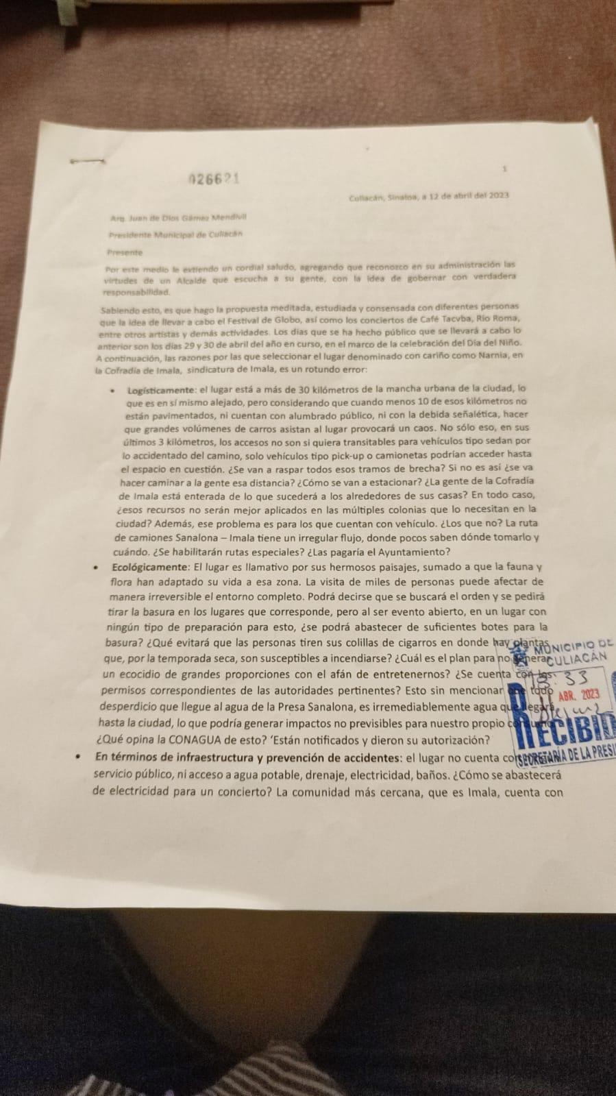 $!Los activistas entregaron este oficio al Alcalde de Culiacán, Juan de Dios Gámez Mendívil, el 11 de abril.