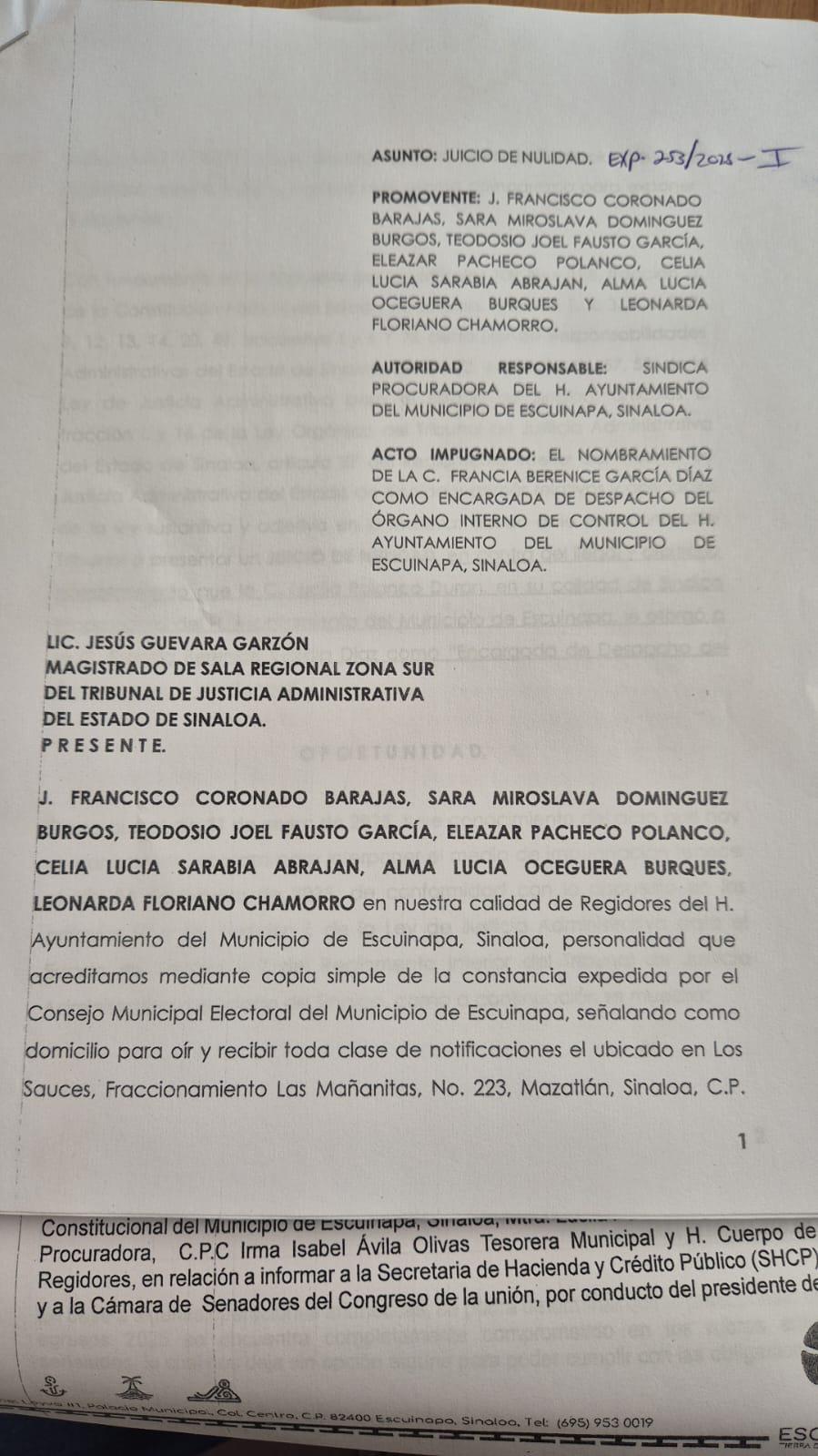 $!Regidores de Escuinapa interponen denuncia de nulidad contra toma de posesión de Síndico Procuradora