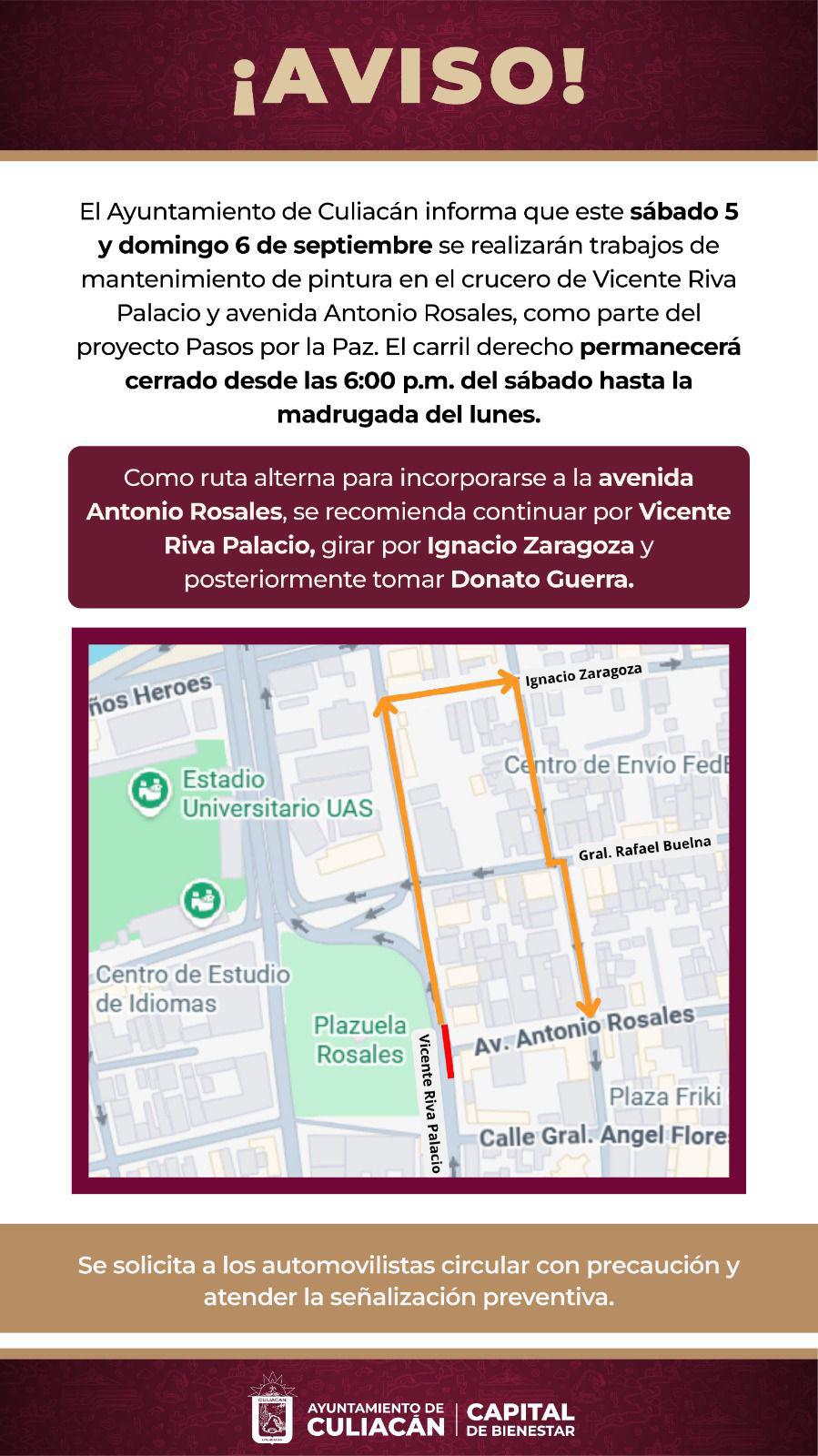 $!Cerrarán carril en Riva Palacio y Antonio Rosales, en Culiacán, por trabajos de pintura