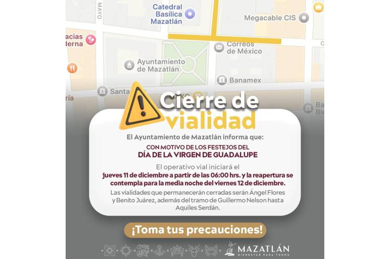 Cerrarán calles alrededor de la Catedral de Mazatlán por festejo guadalupano