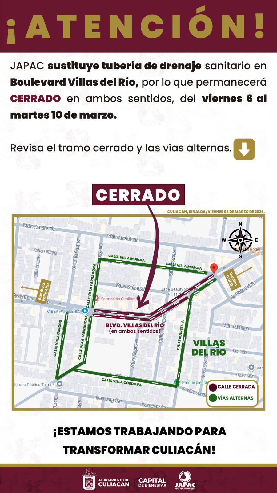 $!Cerrarán por cuatro días el Bulevar Villas del Río por obras de drenaje sanitario