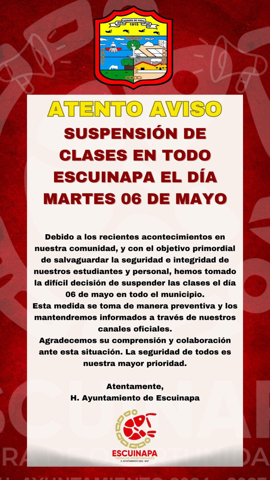 $!Ante hechos de violencia, anuncian suspensión de clases este martes en Escuinapa