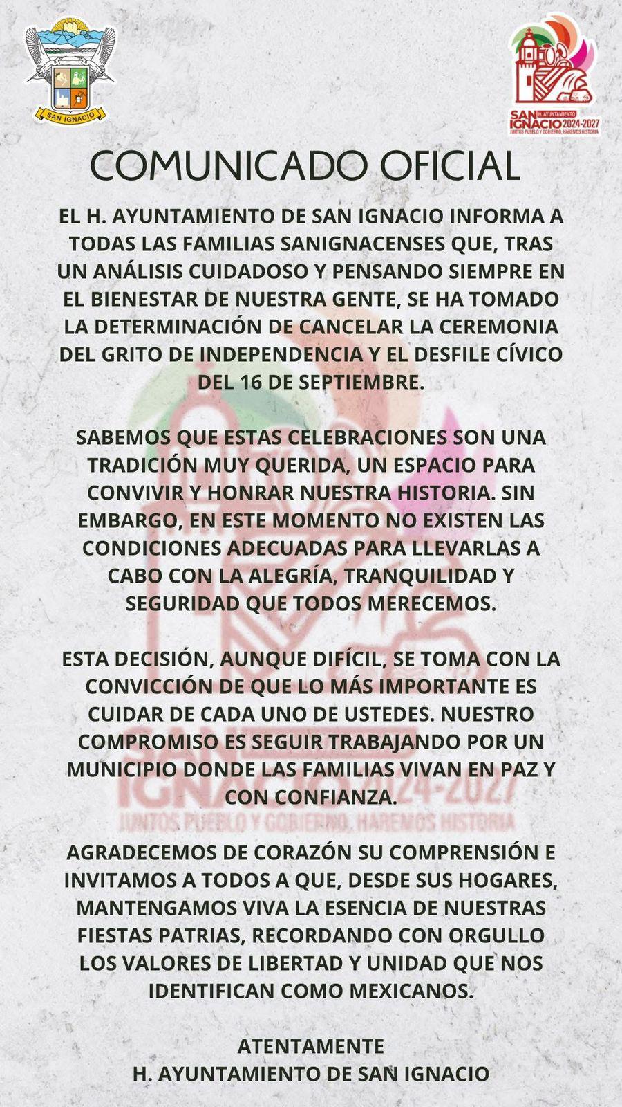 $!Por temas de seguridad, San Ignacio cancela Grito de Independencia y desfile cívico
