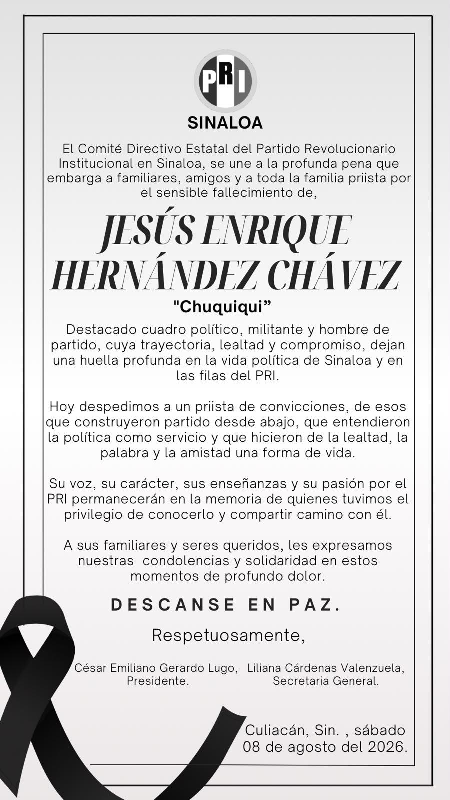 $!Muere Jesús Enrique ‘Chuquiqui’ Hernández Chávez, referente del priismo sinaloense