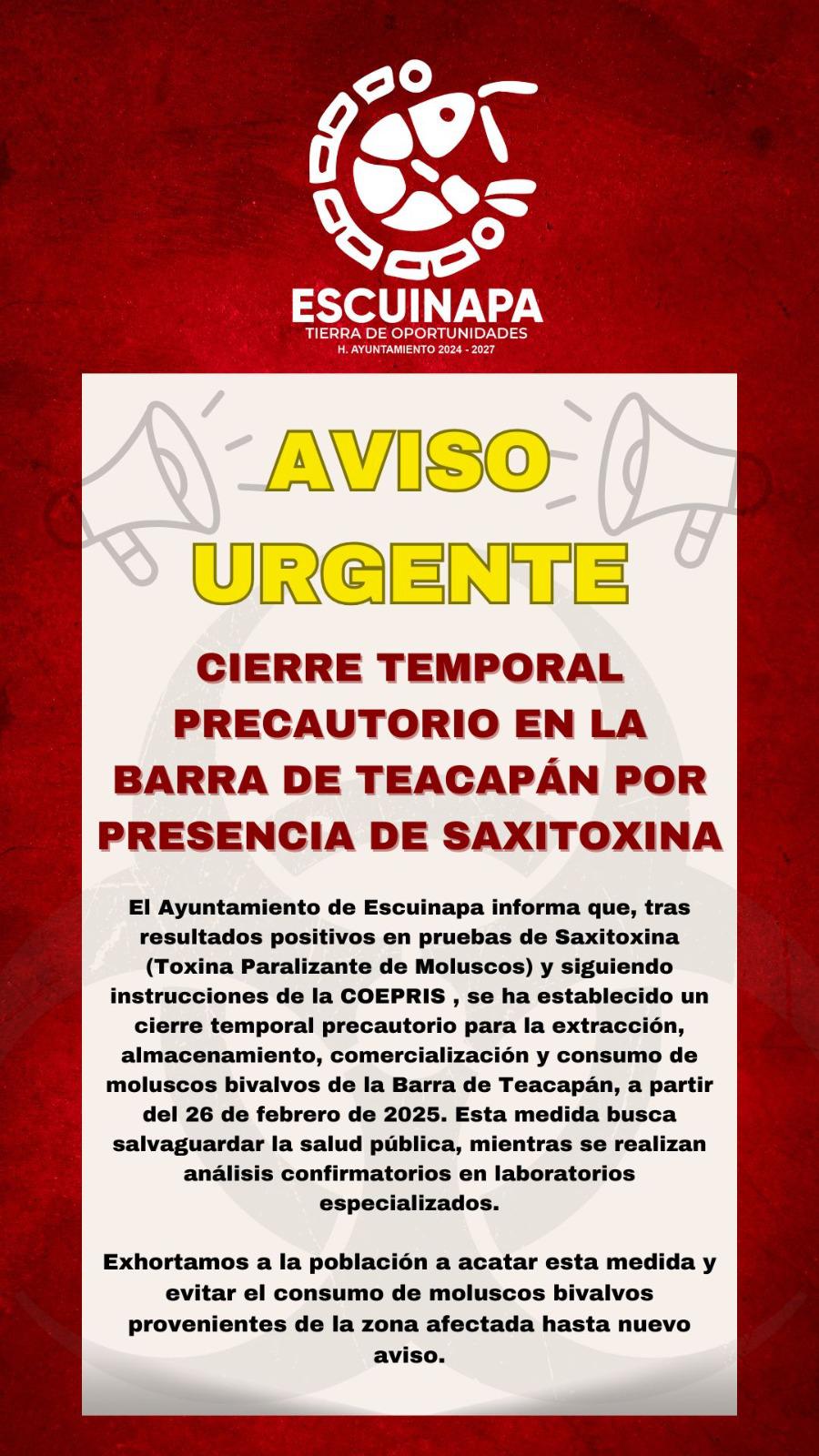 $!Emiten alerta por presencia de saxitoxina en moluscos bivalvos en la Barra de Teacapán