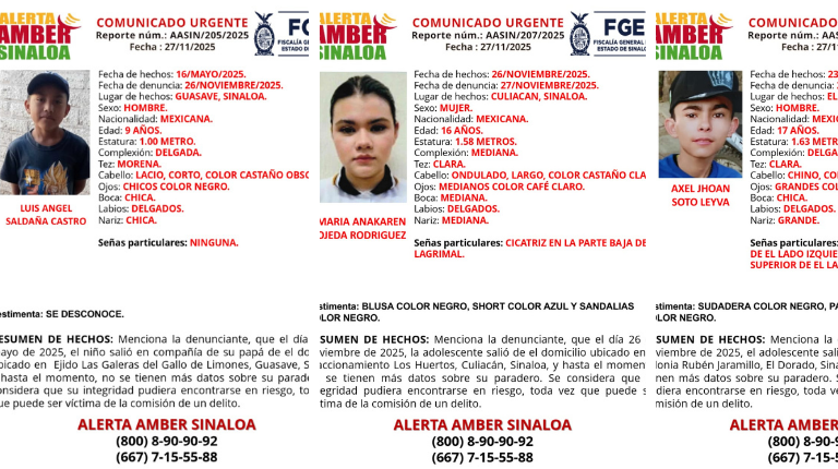 La FGE mantiene activos tres protocolos de búsqueda por menores desaparecidos en Sinaloa.
