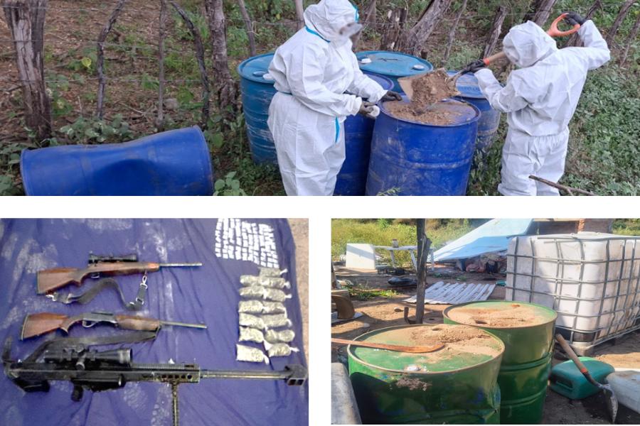 $!Desmantelan cuatro campamentos clandestinos y aseguran arsenal en Elota