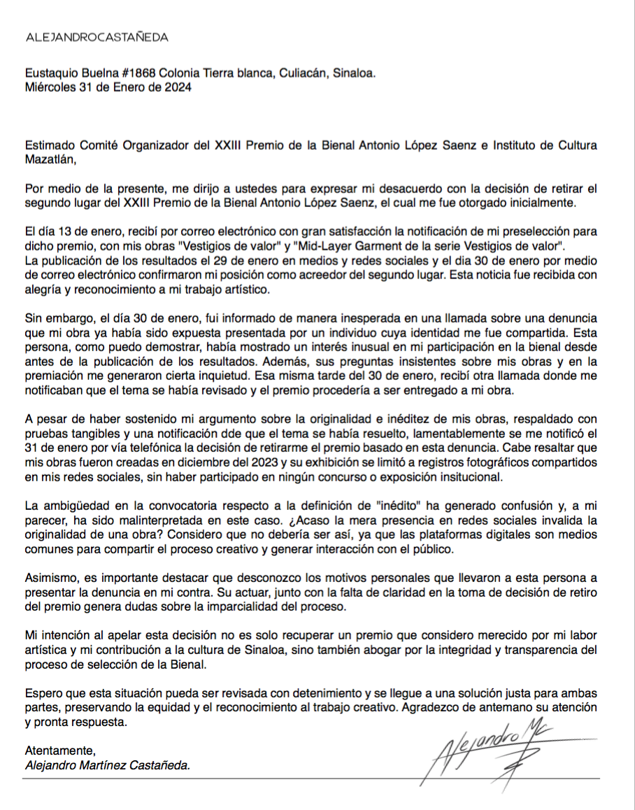 $!Exige Alejandro Castañeda se valide su obra y se le dé su premio
