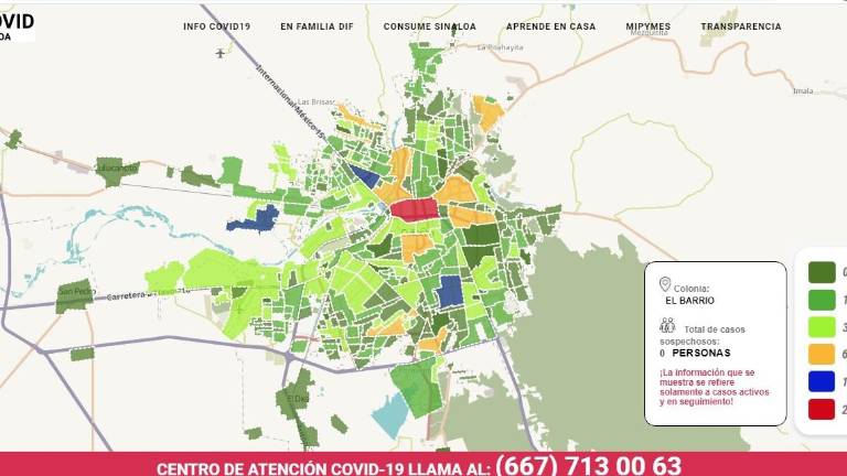 Mapa de la página covid.sinaloa.gob.mx que muestra los contagios activos por colonias.