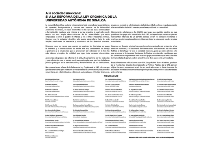 Académicos extranjeros y nacionales se pronuncian a favor de reforma a la Ley Orgánica de la UAS