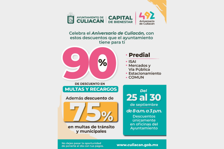 Con descuentos del 90% en pago del Predial, Ayuntamiento celebra Aniversario de Culiacán