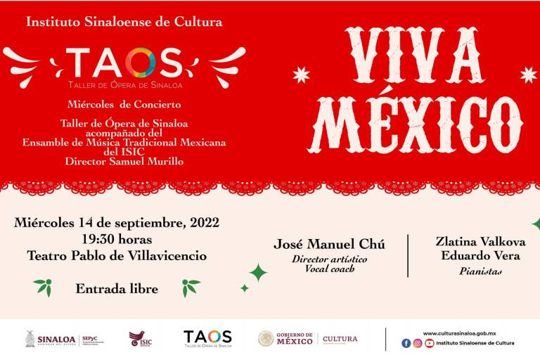 Cantarán ‘¡Viva México!’ con el Taller de Ópera de Sinaloa este miércoles 14
