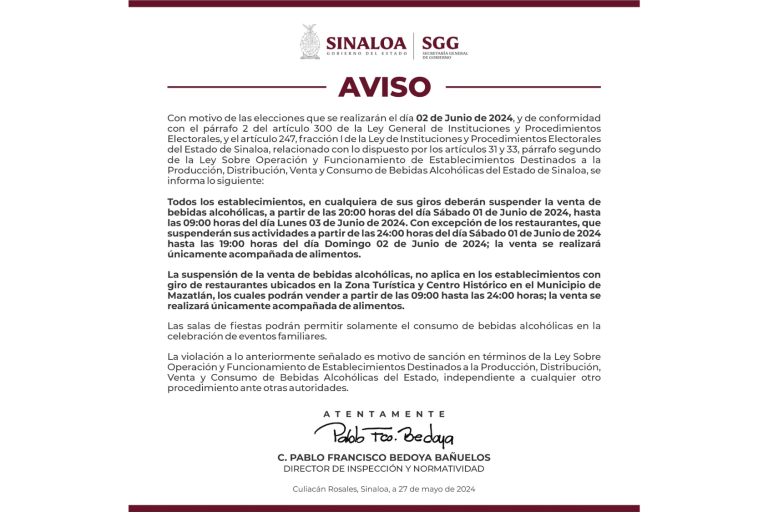 El sábado 1 de junio iniciará la Ley Seca por elecciones del domingo