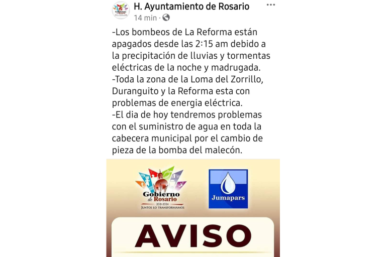 De nueva cuenta, Rosario se queda sin servicio de agua potable