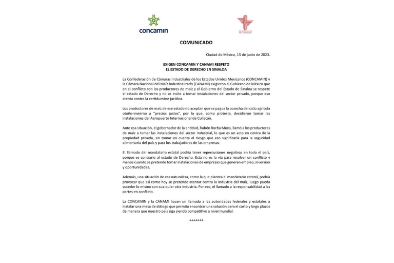 Industriales exigen a Rocha Moya respeto tras desafiar a maiceros a tomar sus plantas