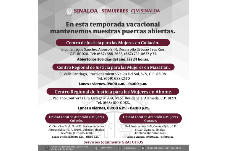 Centros de Justicia para las Mujeres mantendrán las puertas abiertas durante temporada vacacional