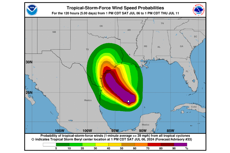 Avanza ‘Beryl’ por el Golfo de México hacia Texas