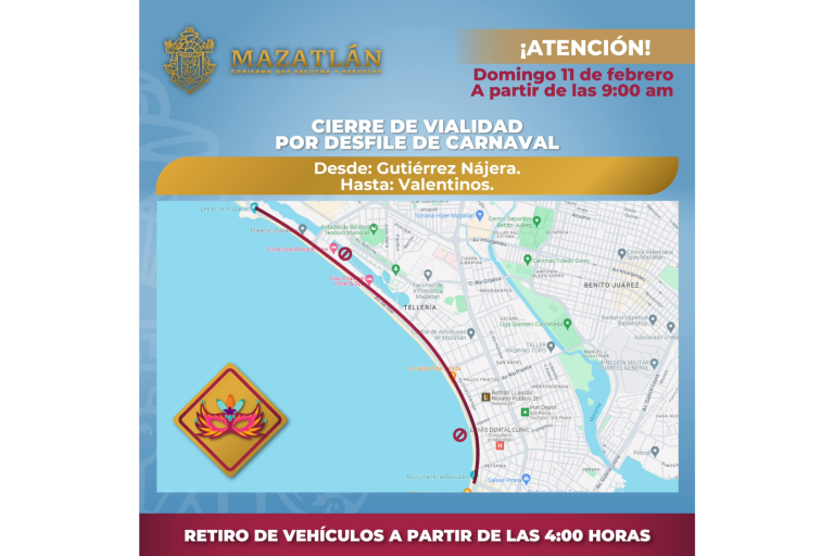 Cierran paseo costero a la circulación vehicular por el primer desfile del Carnaval