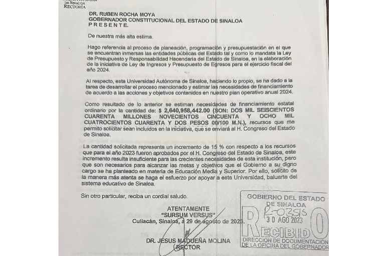 Pide UAS $2 mil 640 millones al Gobierno de Sinaloa para 2024