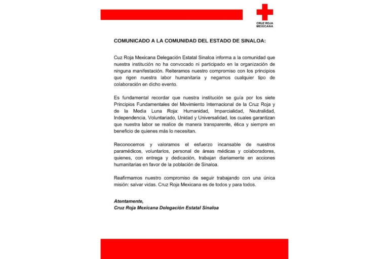 Se deslinda Cruz Roja Mexicana en Sinaloa de llamados a manifestación