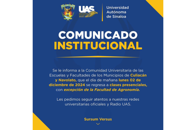 Anuncia UAS regreso a clases presenciales en Culiacán y Navolato este lunes