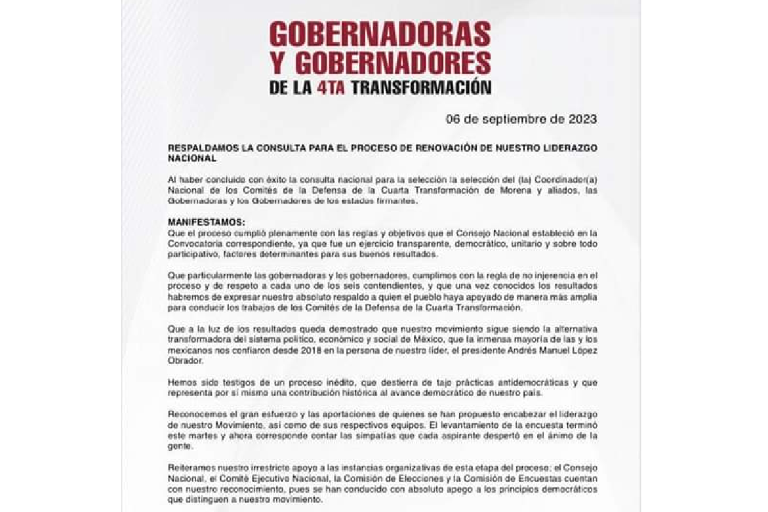 Gobernadores de la 4T respaldan proceso para seleccionar a un candidato por la Presidencia